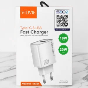 Cargador Rápido VIDVIE Type-C + USB 20W PD / 18W QC con Cable USB-C