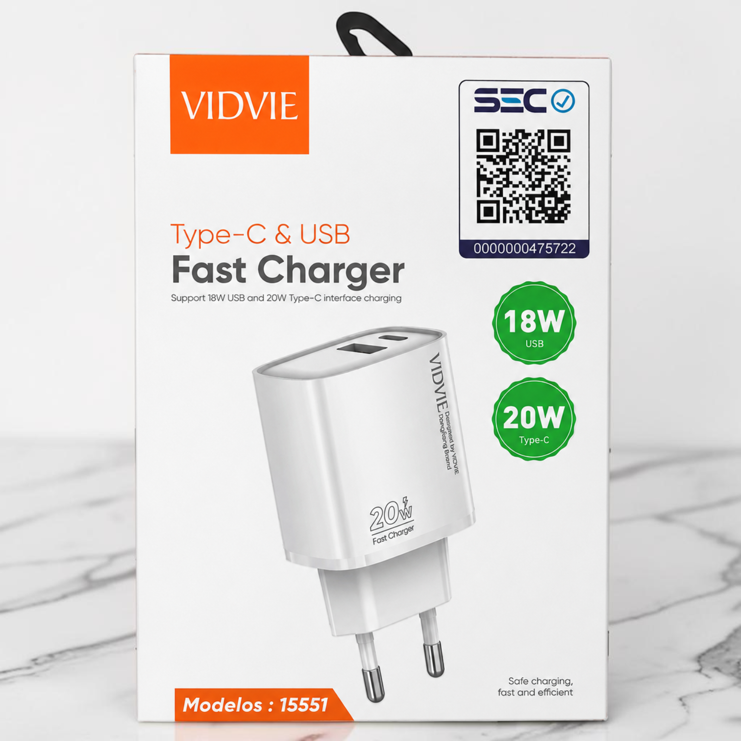 Cargador Rápido VIDVIE Type-C + USB 20W PD / 18W QC con Cable USB-C