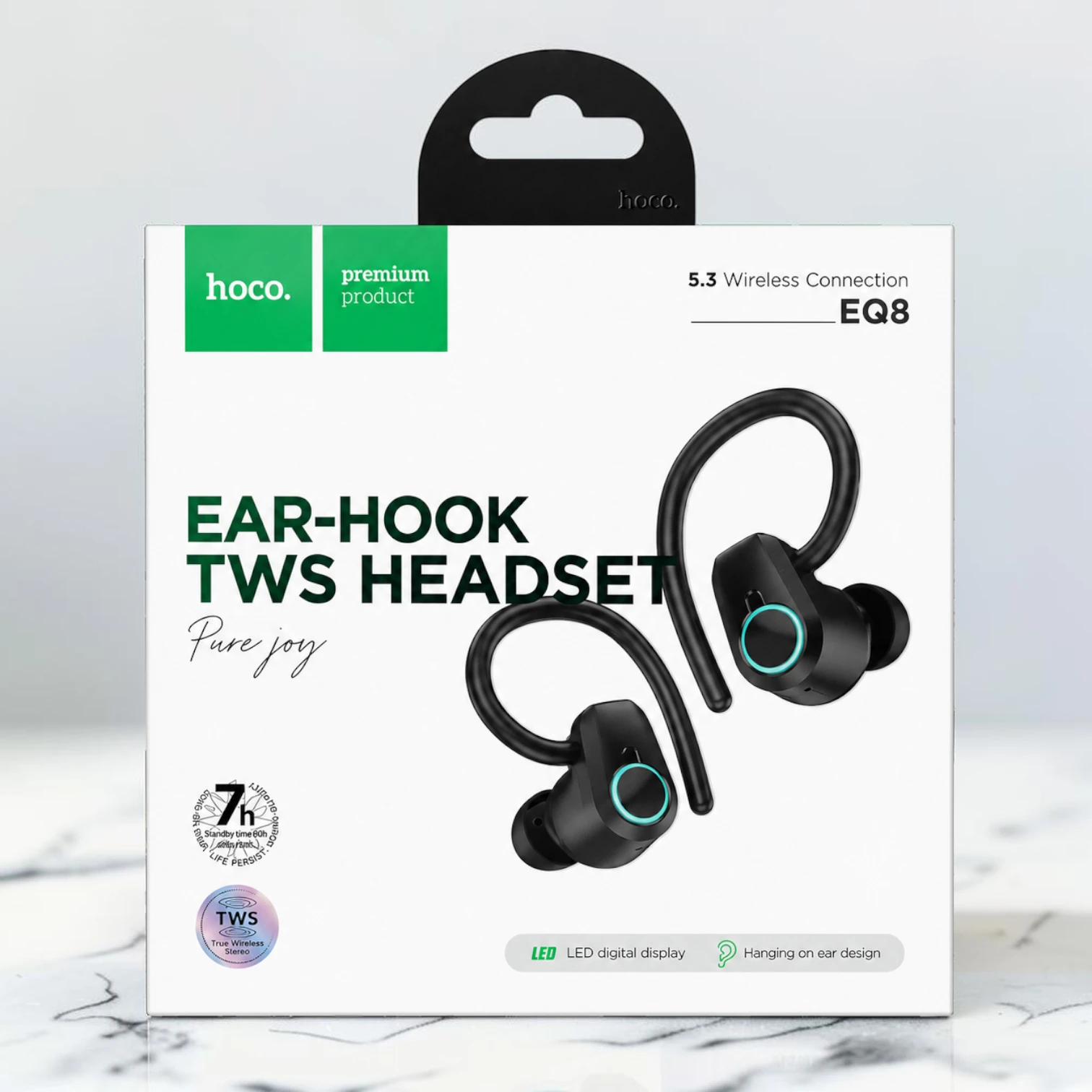 udífonos Bluetooth HOCO EQ8 deportivos True Wireless con gancho para la oreja, Bluetooth 5.3 y estuche de carga con pantalla LED.