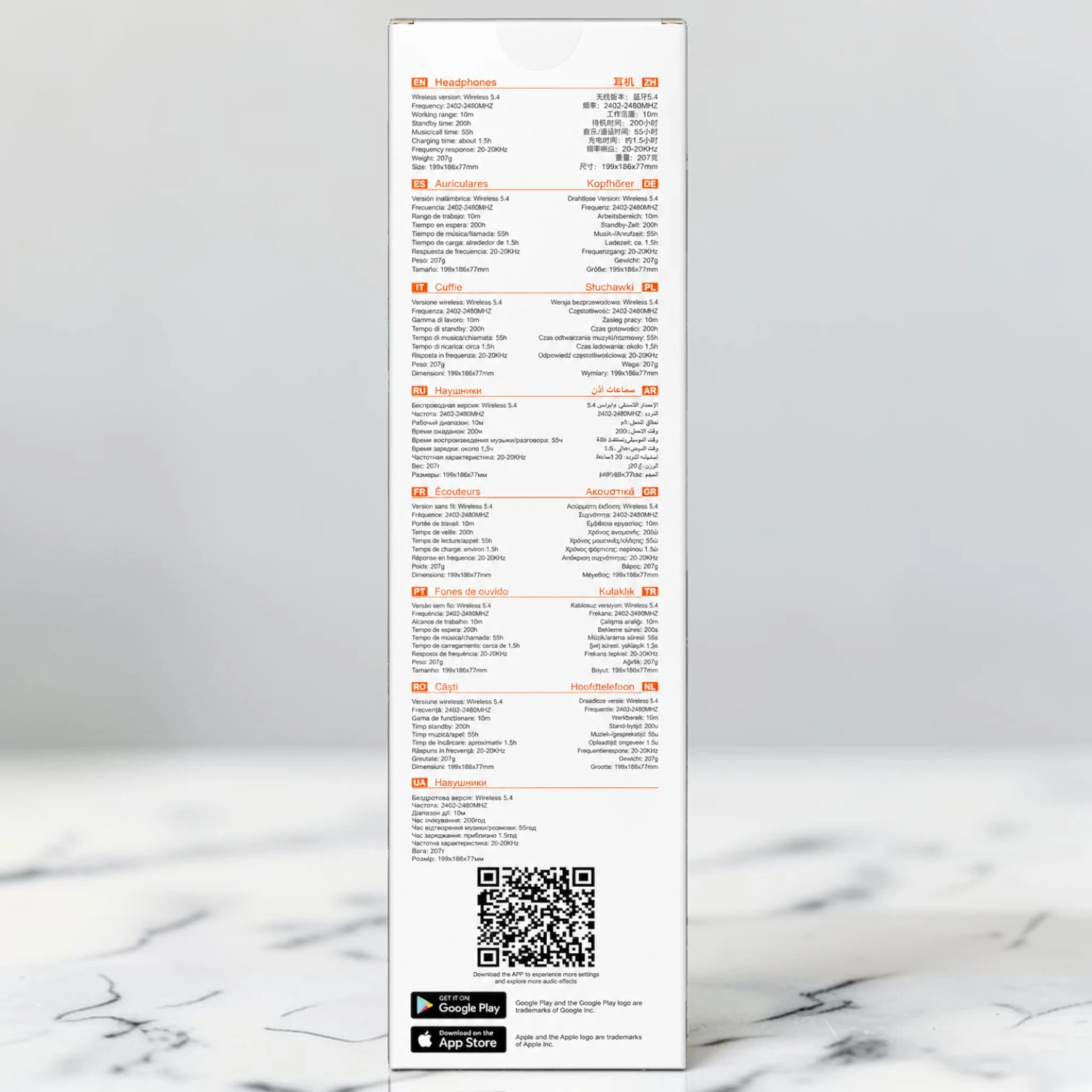 Vista lateral del empaque de los audífonos HOCO W63 con especificaciones técnicas en varios idiomas y código QR para la aplicación móvil.
