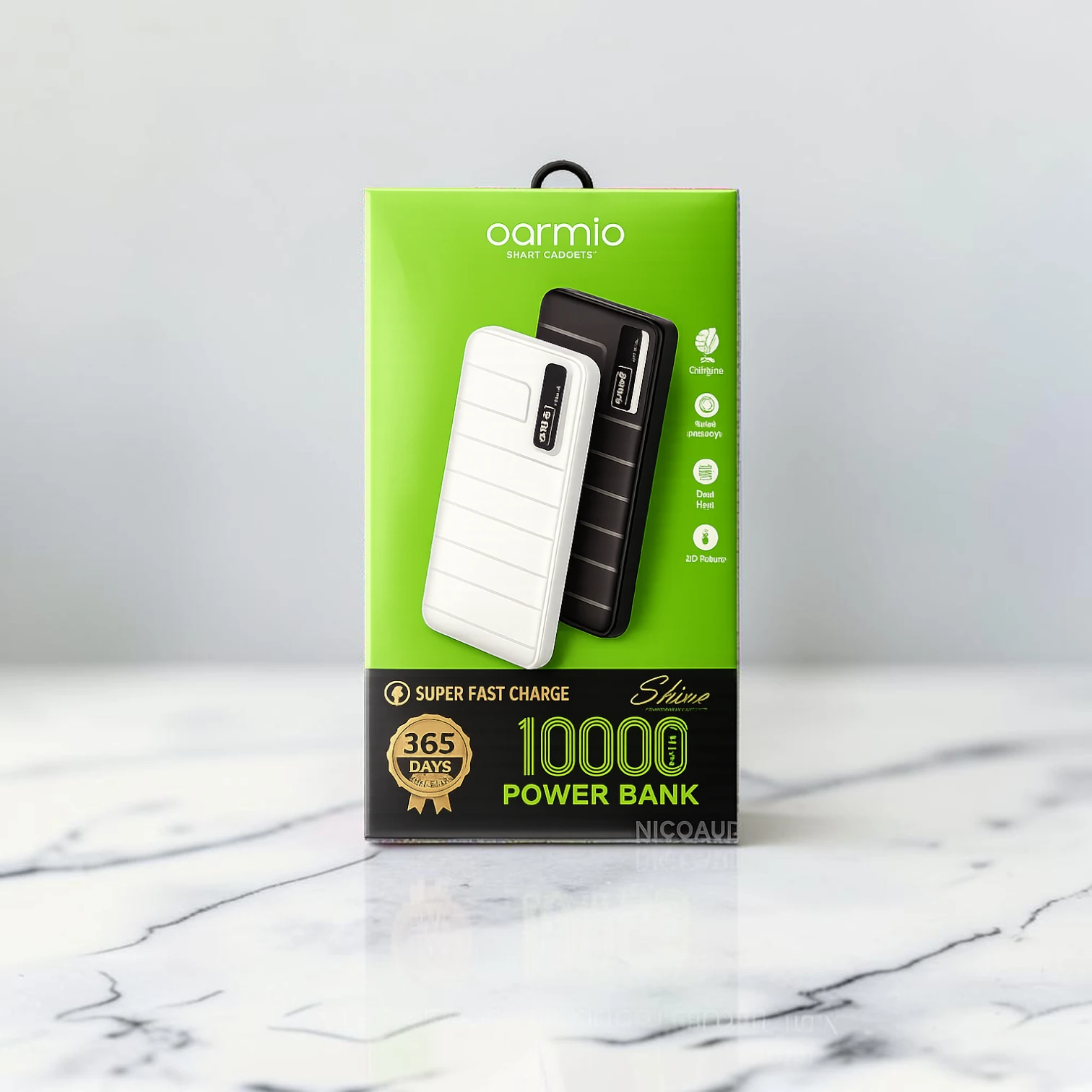 Power Bank OARMIO Shine de 10.000 mAh con carga rápida de 22.5W, tecnología Power Delivery y diseño compacto en color blanco.