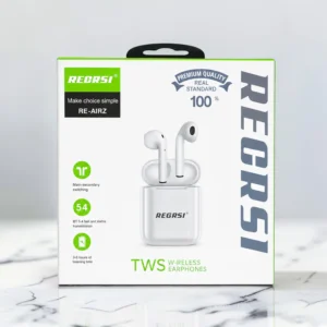 Audífonos Bluetooth RECRSI RE-Air2 True Wireless con Bluetooth 5.4 y estuche de carga blanco.